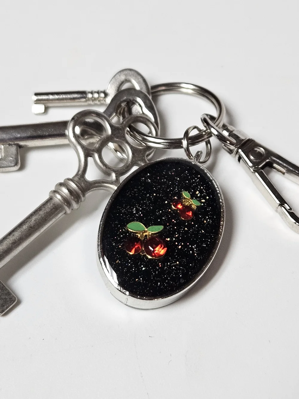 Black Glitter Oval Cherry Keychain Bag Charm